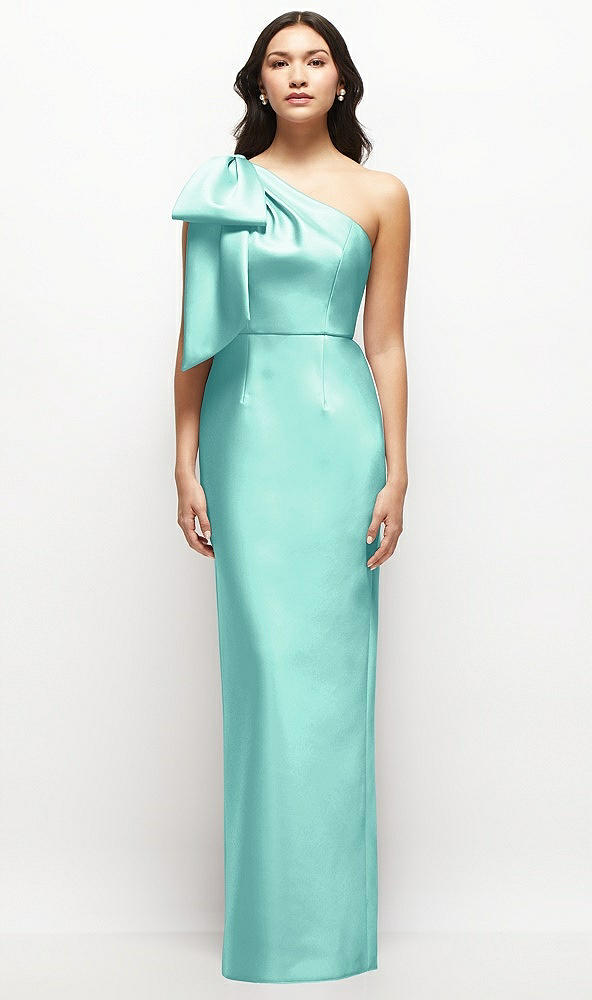 Front View - Coastal Oversized Bow One-Shoulder Satin Column Maxi Dress