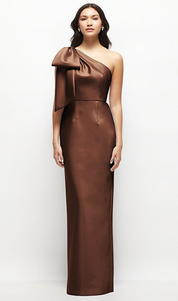 Front View - Cognac Oversized Bow One-Shoulder Satin Column Maxi Dress