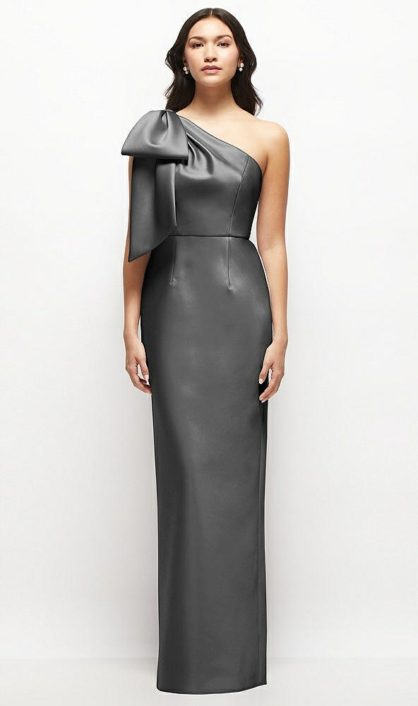 Front View - Gunmetal Oversized Bow One-Shoulder Satin Column Maxi Dress