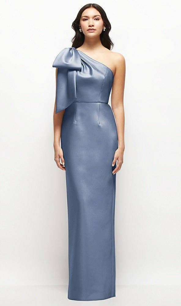 Front View - Larkspur Blue Oversized Bow One-Shoulder Satin Column Maxi Dress