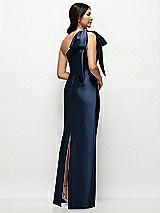 Rear View Thumbnail - Midnight Navy Oversized Bow One-Shoulder Satin Column Maxi Dress