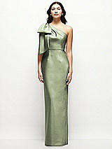 Front View Thumbnail - Sage Oversized Bow One-Shoulder Satin Column Maxi Dress