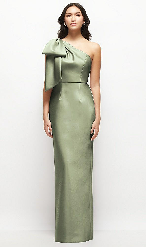 Front View - Sage Oversized Bow One-Shoulder Satin Column Maxi Dress