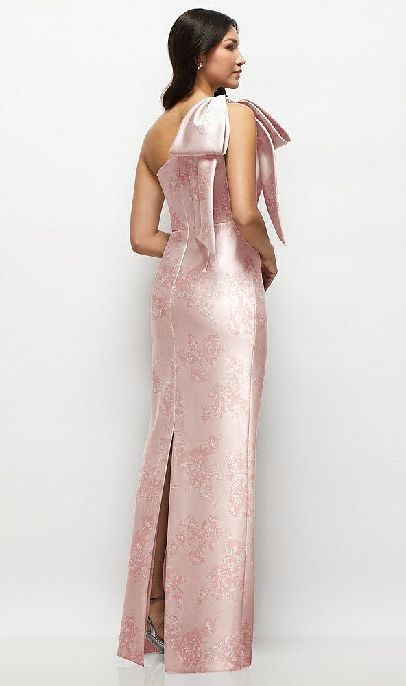 Back View - Bow And Blossom Print Oversized Bow One-Shoulder Floral Satin Column Maxi Dress