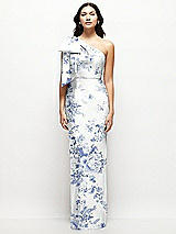 Front View Thumbnail - Cottage Rose Larkspur Oversized Bow One-Shoulder Floral Satin Column Maxi Dress