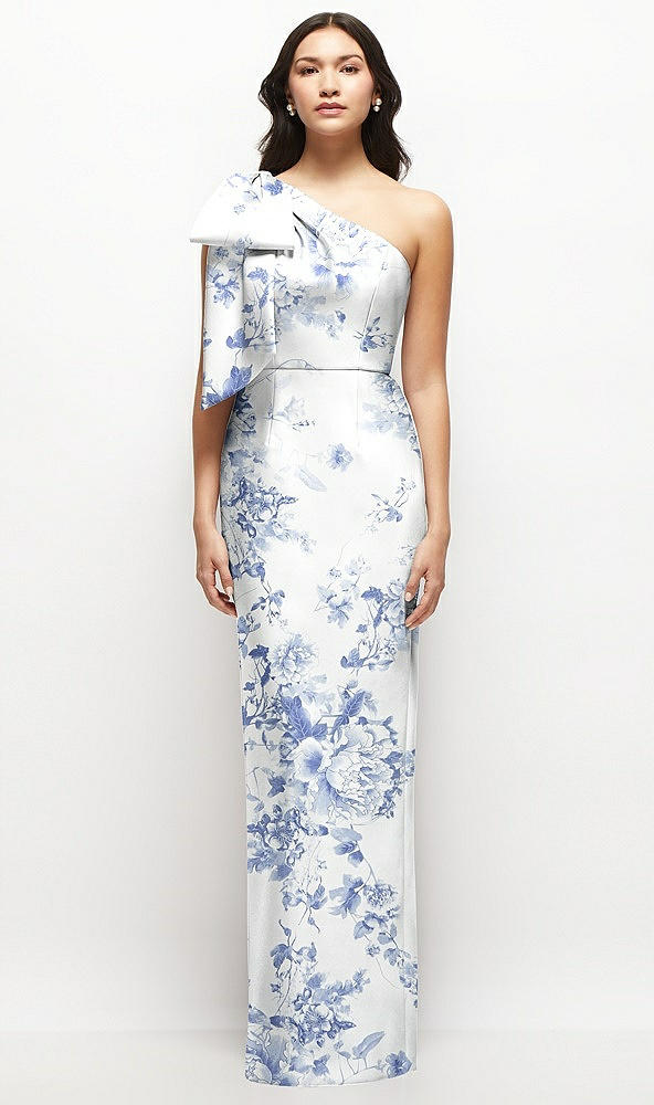 Front View - Cottage Rose Larkspur Oversized Bow One-Shoulder Floral Satin Column Maxi Dress