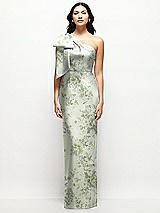 Front View Thumbnail - Sage Cottage Rose Oversized Bow One-Shoulder Floral Satin Column Maxi Dress