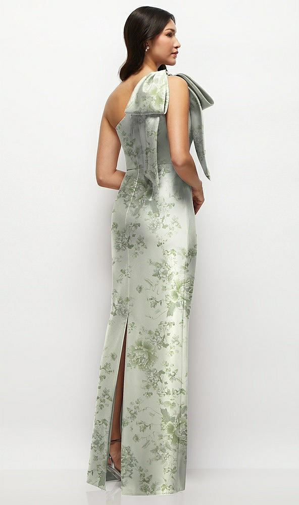 Back View - Sage Cottage Rose Oversized Bow One-Shoulder Floral Satin Column Maxi Dress