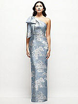 Front View Thumbnail - Porcelain Blue Seraphina Floral Oversized Bow One-Shoulder Floral Satin Column Maxi Dress