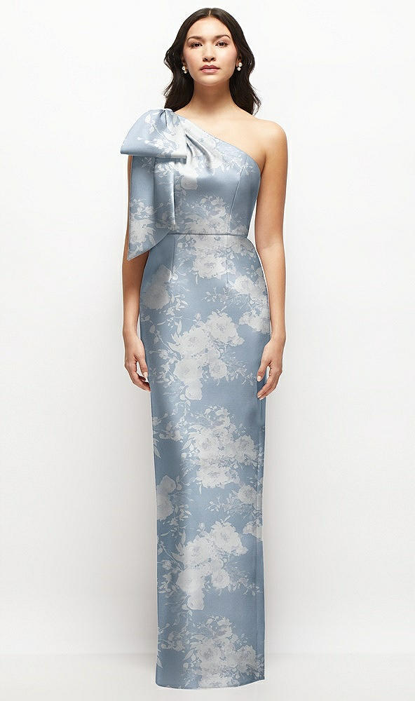 Front View - Porcelain Blue Seraphina Floral Oversized Bow One-Shoulder Floral Satin Column Maxi Dress