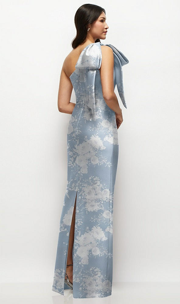 Back View - Porcelain Blue Seraphina Floral Oversized Bow One-Shoulder Floral Satin Column Maxi Dress