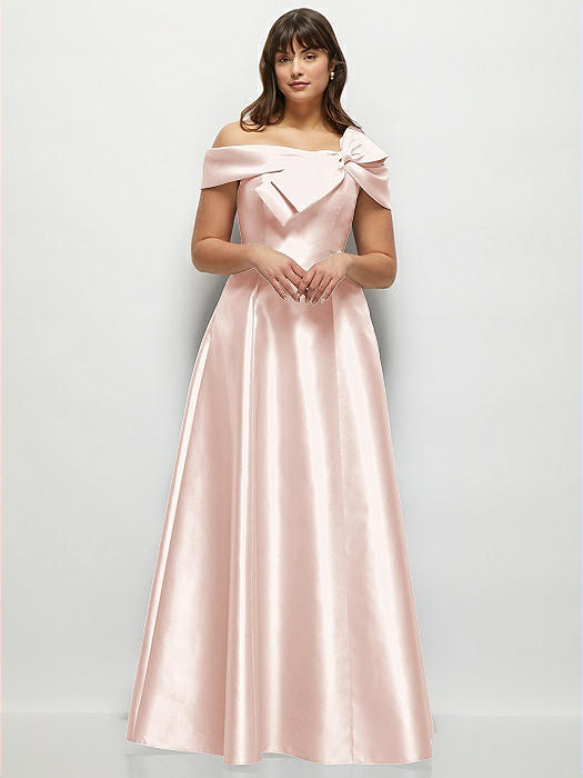 Asymmetrical Bow Off-Shoulder Satin Gown with Ballroom Skirt