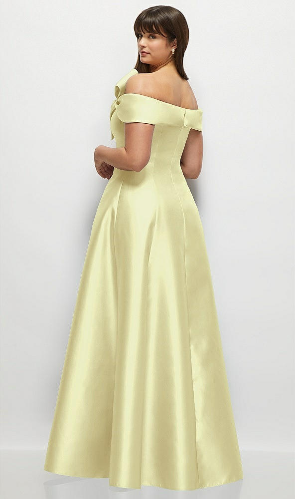 Back View - Butter Yellow Asymmetrical Bow Off-Shoulder Satin Gown with Ballroom Skirt