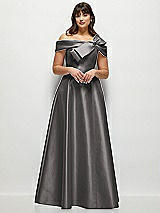 Front View Thumbnail - Caviar Gray Asymmetrical Bow Off-Shoulder Satin Gown with Ballroom Skirt