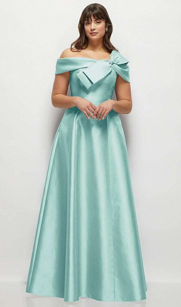 Front View - Coastal Asymmetrical Bow Off-Shoulder Satin Gown with Ballroom Skirt