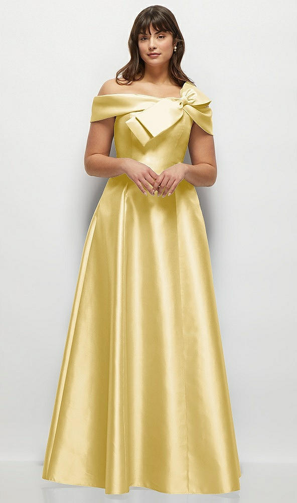 Front View - Maize Asymmetrical Bow Off-Shoulder Satin Gown with Ballroom Skirt