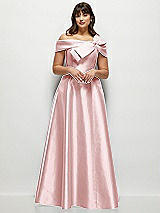 Front View Thumbnail - Ballet Pink Asymmetrical Bow Off-Shoulder Satin Gown with Ballroom Skirt