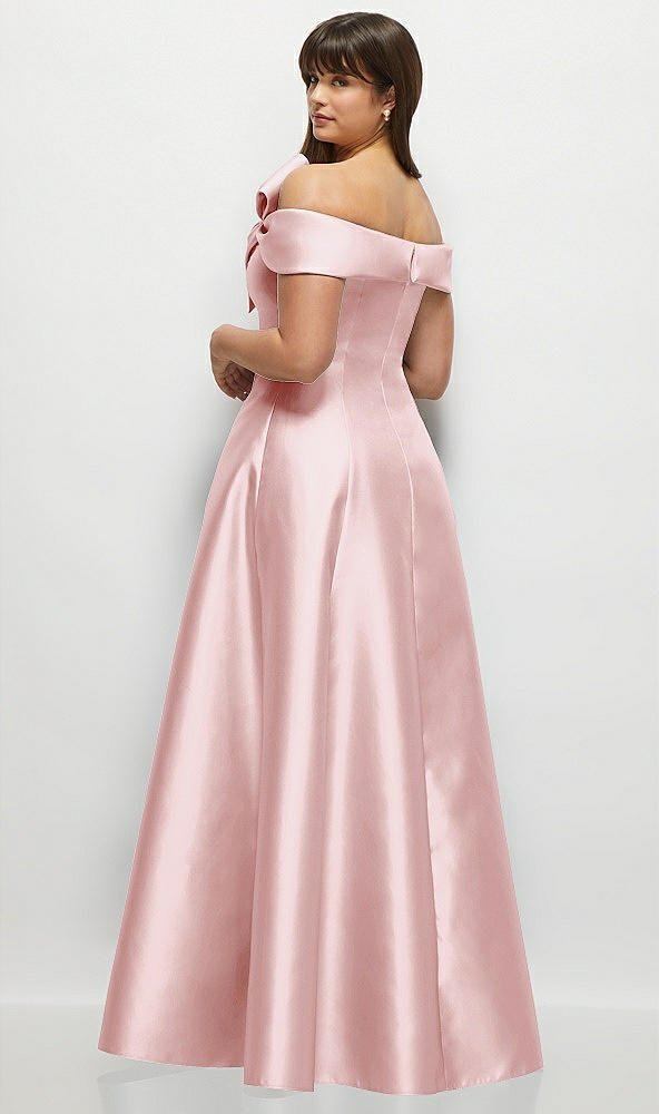 Back View - Ballet Pink Asymmetrical Bow Off-Shoulder Satin Gown with Ballroom Skirt