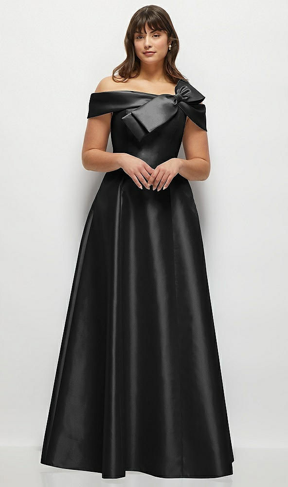 Front View - Black Asymmetrical Bow Off-Shoulder Satin Gown with Ballroom Skirt