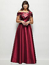 Front View Thumbnail - Burgundy Asymmetrical Bow Off-Shoulder Satin Gown with Ballroom Skirt