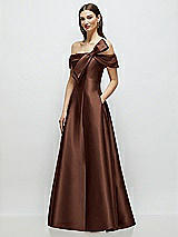 Side View Thumbnail - Cognac Asymmetrical Bow Off-Shoulder Satin Gown with Ballroom Skirt