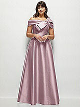 Front View Thumbnail - Dusty Rose Asymmetrical Bow Off-Shoulder Satin Gown with Ballroom Skirt