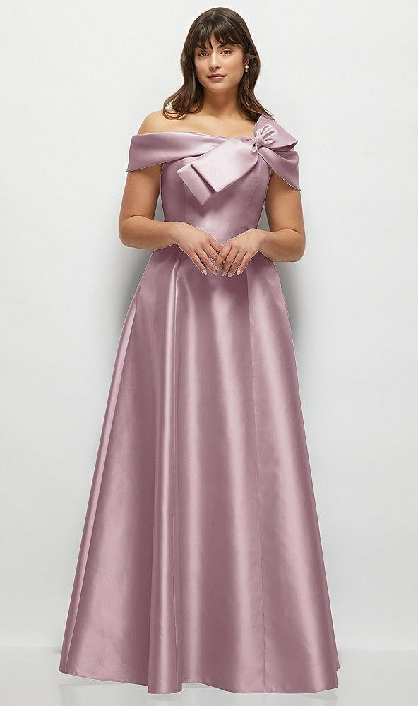 Front View - Dusty Rose Asymmetrical Bow Off-Shoulder Satin Gown with Ballroom Skirt