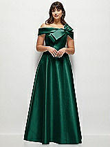 Front View Thumbnail - Hunter Green Asymmetrical Bow Off-Shoulder Satin Gown with Ballroom Skirt