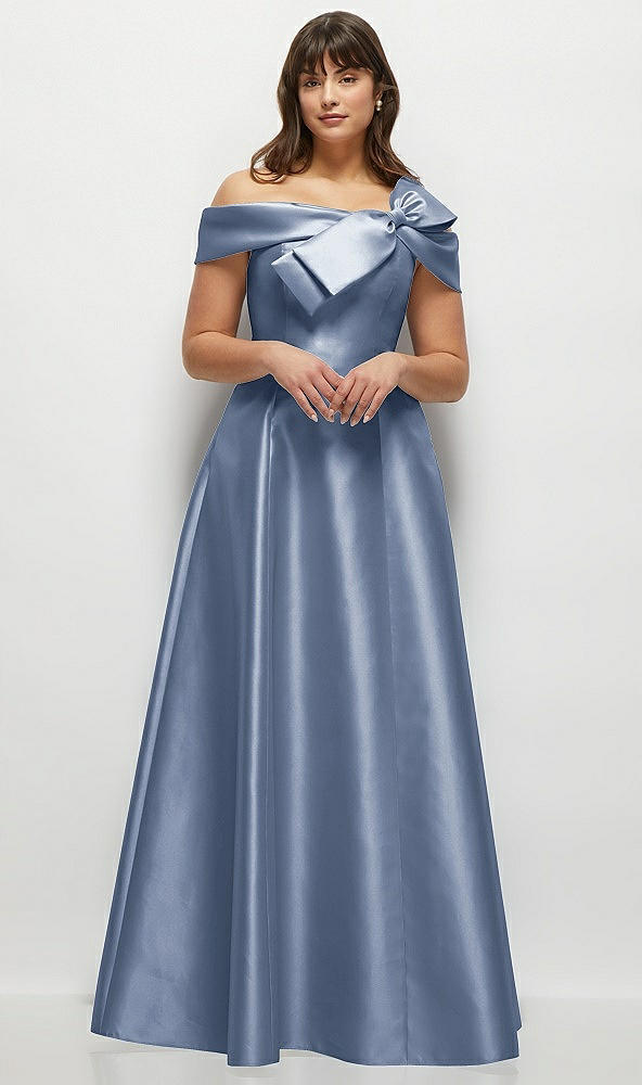 Front View - Larkspur Blue Asymmetrical Bow Off-Shoulder Satin Gown with Ballroom Skirt