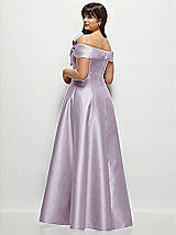 Rear View Thumbnail - Lilac Haze Asymmetrical Bow Off-Shoulder Satin Gown with Ballroom Skirt