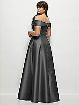 Rear View Thumbnail - Pewter Asymmetrical Bow Off-Shoulder Satin Gown with Ballroom Skirt