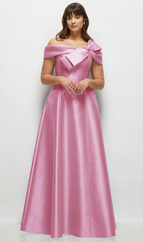 Front View - Powder Pink Asymmetrical Bow Off-Shoulder Satin Gown with Ballroom Skirt