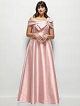 Front View Thumbnail - Rose - PANTONE Rose Quartz Asymmetrical Bow Off-Shoulder Satin Gown with Ballroom Skirt