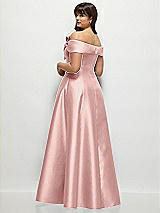 Rear View Thumbnail - Rose - PANTONE Rose Quartz Asymmetrical Bow Off-Shoulder Satin Gown with Ballroom Skirt