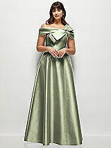 Front View Thumbnail - Sage Asymmetrical Bow Off-Shoulder Satin Gown with Ballroom Skirt