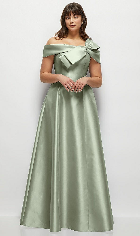 Front View - Sage Asymmetrical Bow Off-Shoulder Satin Gown with Ballroom Skirt