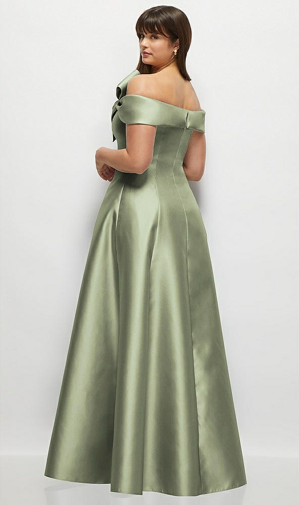 Back View - Sage Asymmetrical Bow Off-Shoulder Satin Gown with Ballroom Skirt