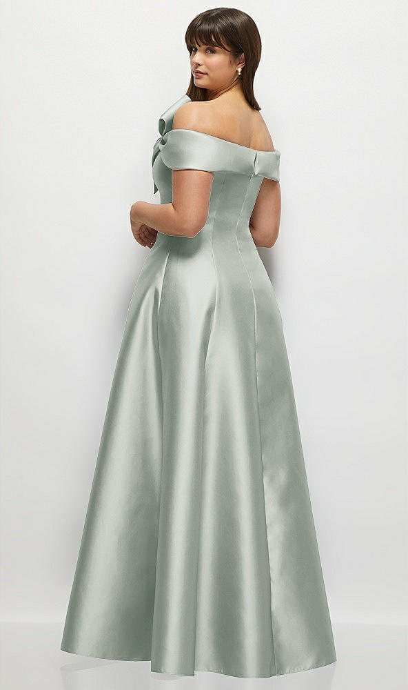 Back View - Willow Green Asymmetrical Bow Off-Shoulder Satin Gown with Ballroom Skirt