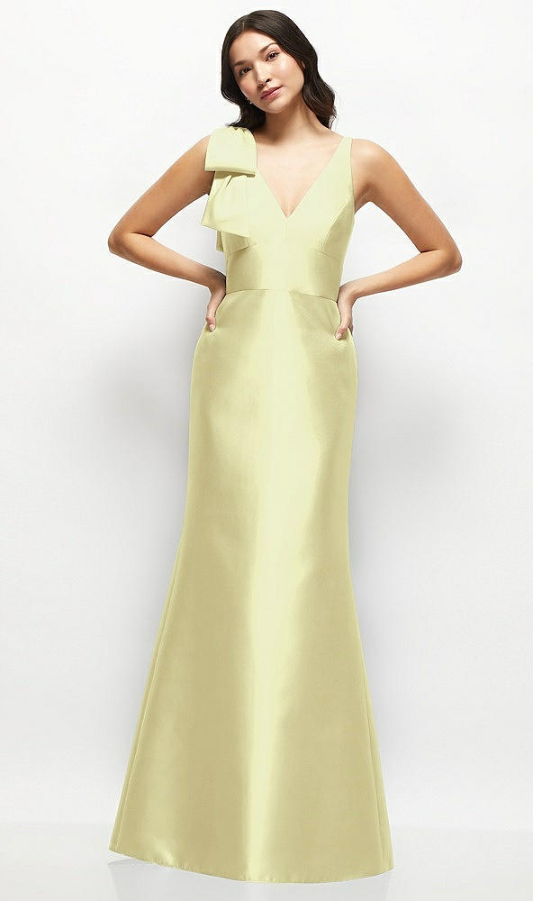 Front View - Butter Yellow Deep V-back Satin Trumpet Dress with Cascading Bow at One Shoulder