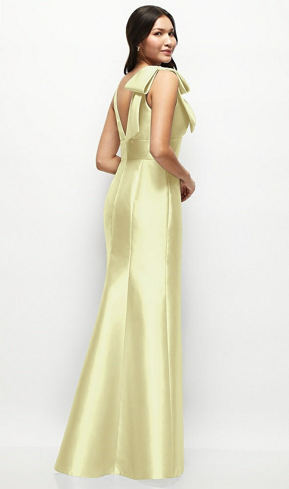 Back View - Butter Yellow Deep V-back Satin Trumpet Dress with Cascading Bow at One Shoulder