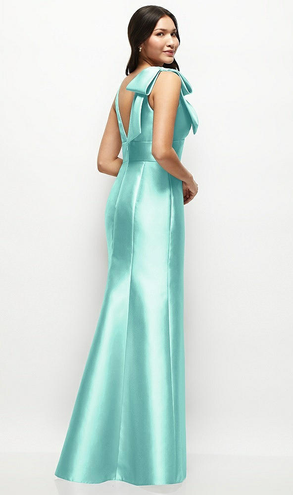 Back View - Coastal Deep V-back Satin Trumpet Dress with Cascading Bow at One Shoulder