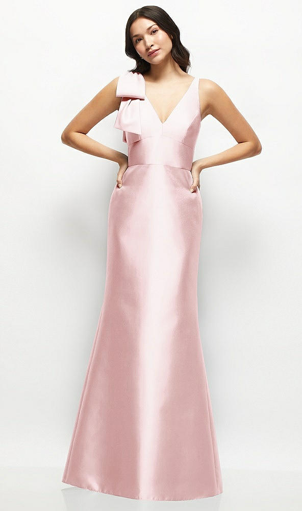 Front View - Ballet Pink Deep V-back Satin Trumpet Dress with Cascading Bow at One Shoulder