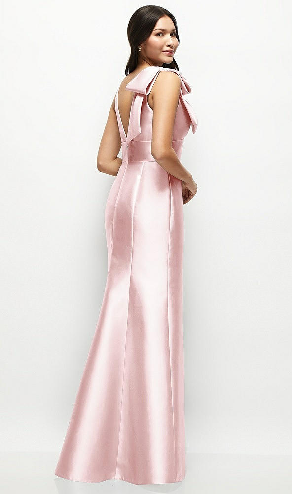 Back View - Ballet Pink Deep V-back Satin Trumpet Dress with Cascading Bow at One Shoulder