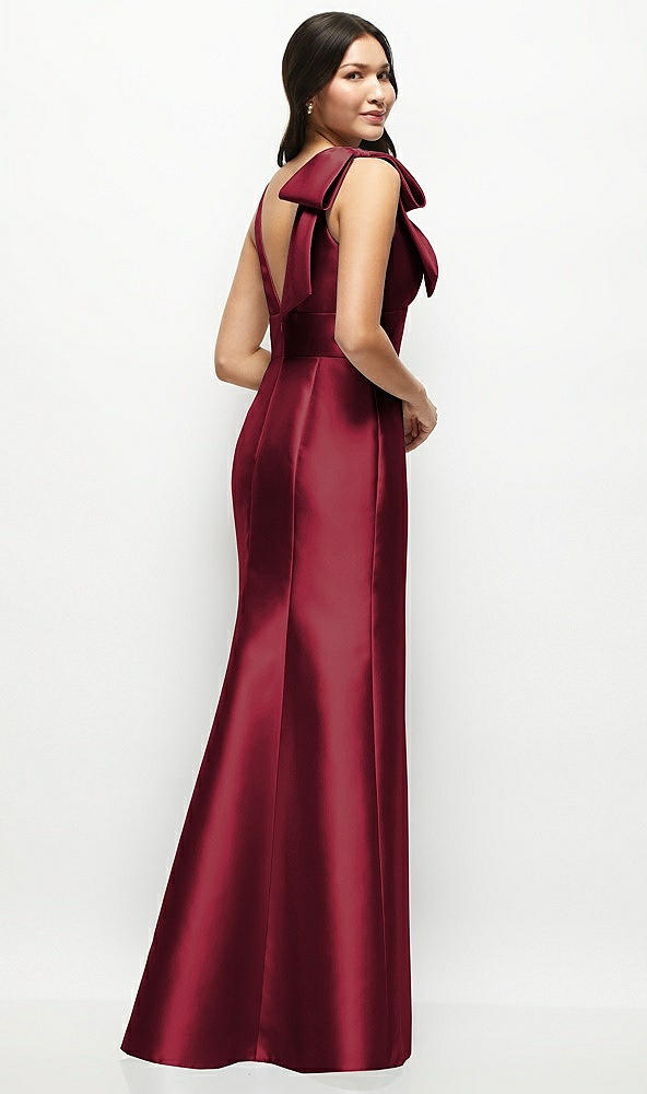 Back View - Burgundy Deep V-back Satin Trumpet Dress with Cascading Bow at One Shoulder