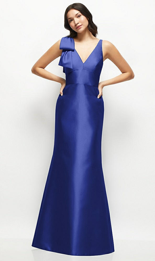 Front View - Cobalt Blue Deep V-back Satin Trumpet Dress with Cascading Bow at One Shoulder