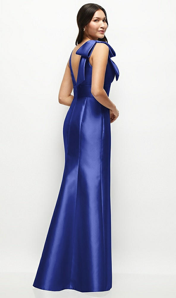 Back View - Cobalt Blue Deep V-back Satin Trumpet Dress with Cascading Bow at One Shoulder