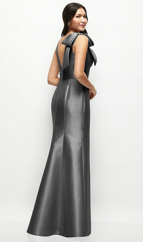 Back View - Gunmetal Deep V-back Satin Trumpet Dress with Cascading Bow at One Shoulder