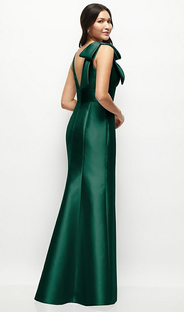 Back View - Hunter Green Deep V-back Satin Trumpet Dress with Cascading Bow at One Shoulder