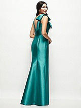 Rear View Thumbnail - Jade Deep V-back Satin Trumpet Dress with Cascading Bow at One Shoulder