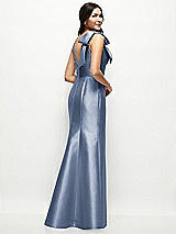 Rear View Thumbnail - Larkspur Blue Deep V-back Satin Trumpet Dress with Cascading Bow at One Shoulder